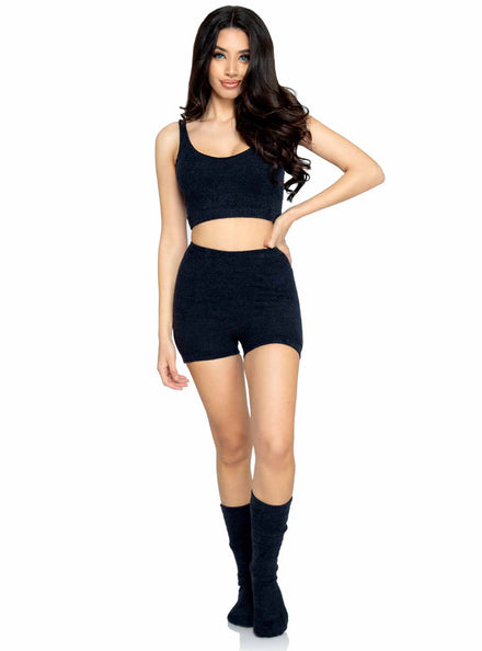 Soft Black Cozy Knit Crop and Shorts Set