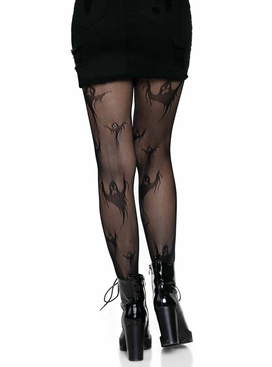 Womens Black Spooky Ghost Fishnet Costume Stockings Back Image