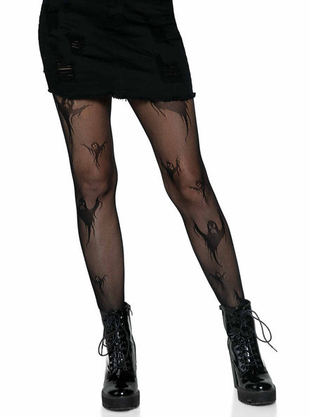 Womens Black Spooky Ghost Fishnet Costume Stockings Main Image