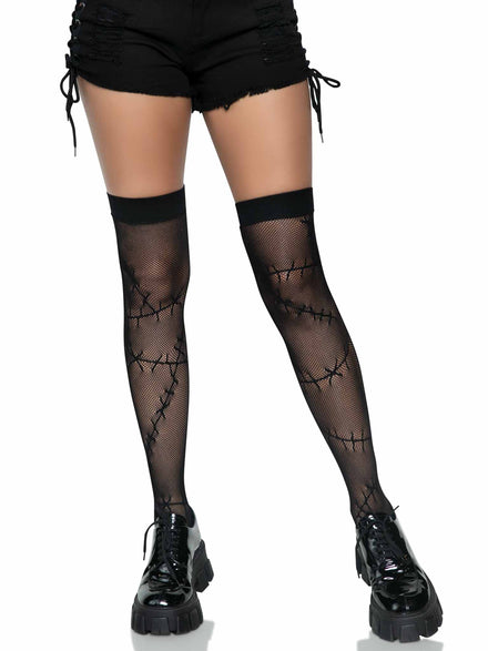 Womens Black Stitched Up Fishnet Thigh High Halloween Costume Stockings Main Image