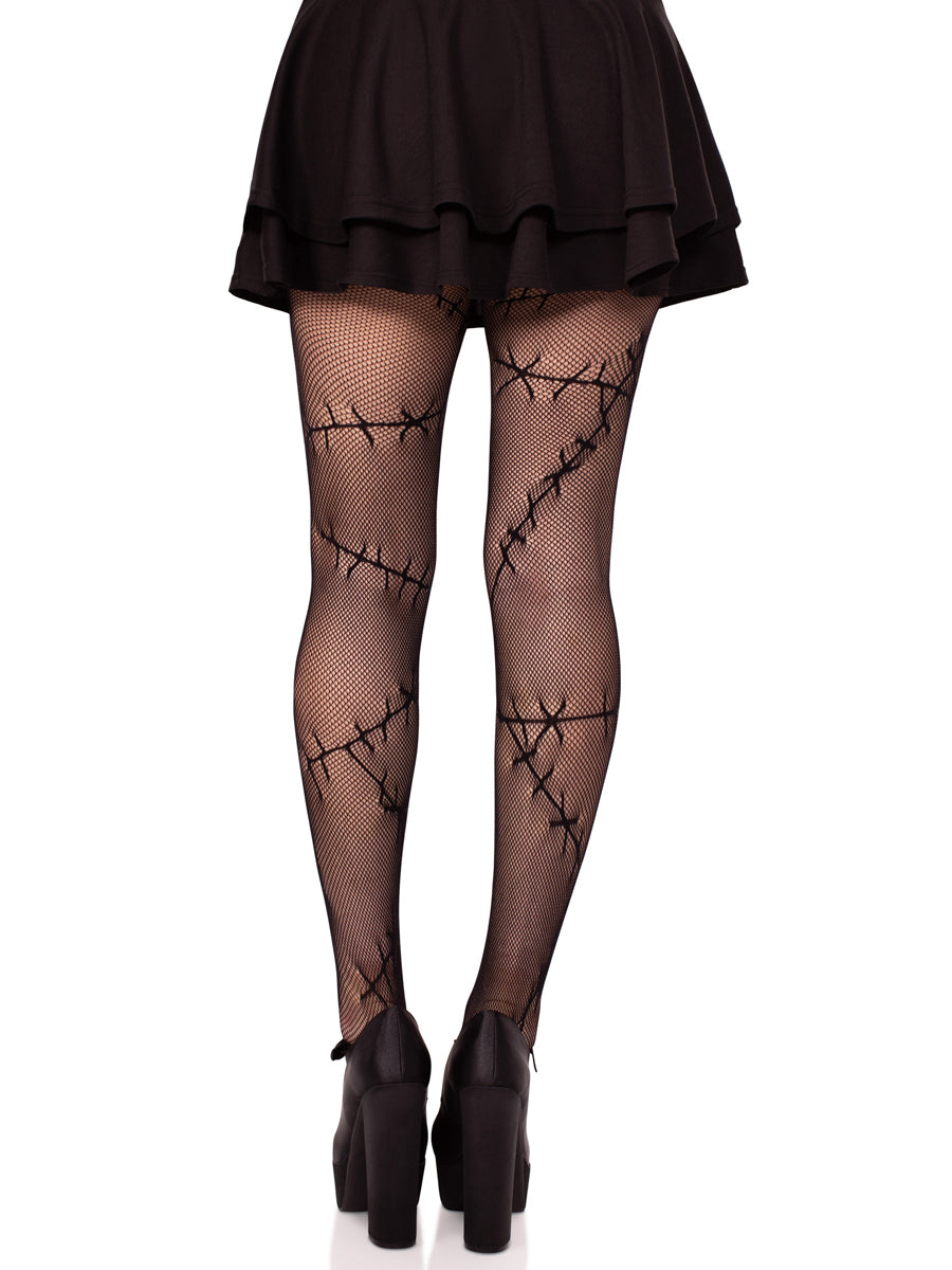 Womens Black Stitched Up Net Halloween Costume Stockings Back Image