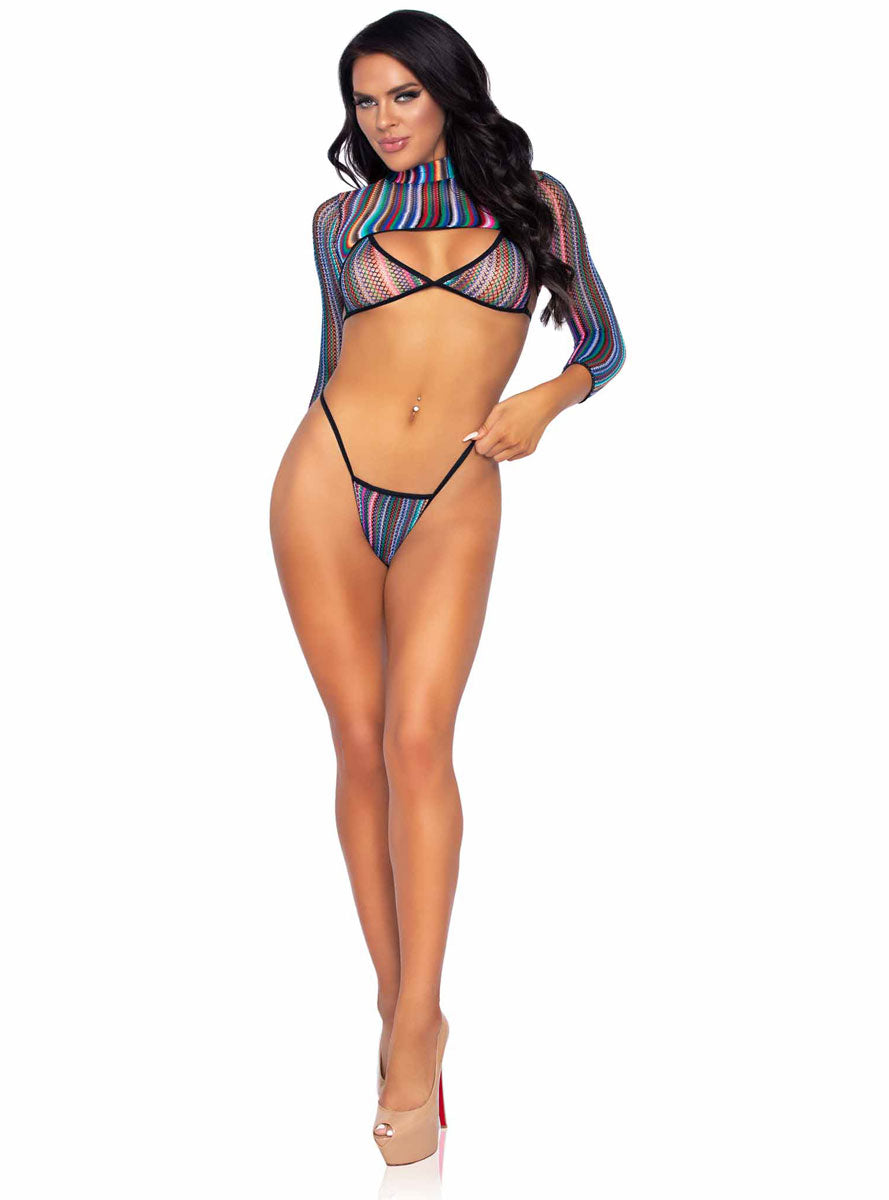 Striped Rainbow Fishnet Bikini and Shrug Festival Set
