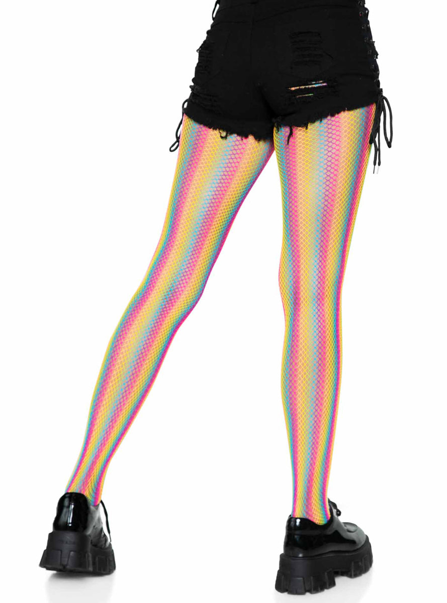 Womens Striped Neon Rainbow Fishnet Stockings Back Image