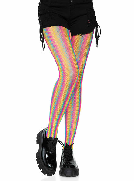 Womens Striped Neon Rainbow Fishnet Stockings Main Image