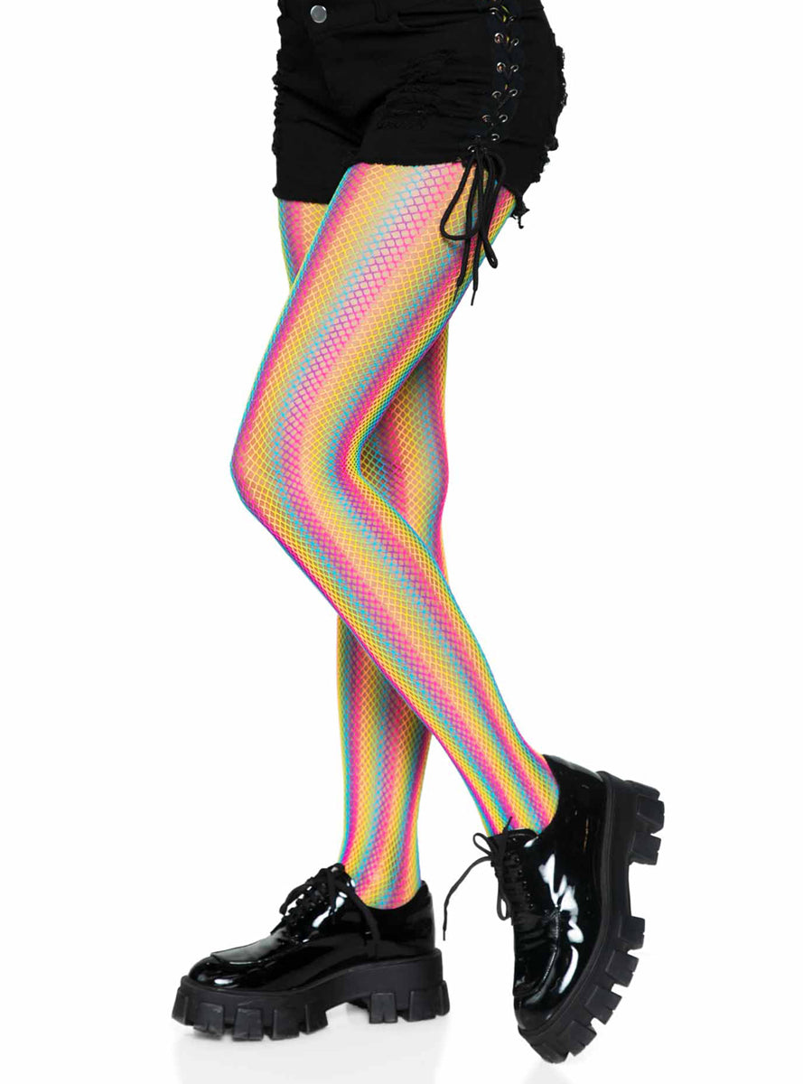 Womens Striped Neon Rainbow Fishnet Stockings Side Image