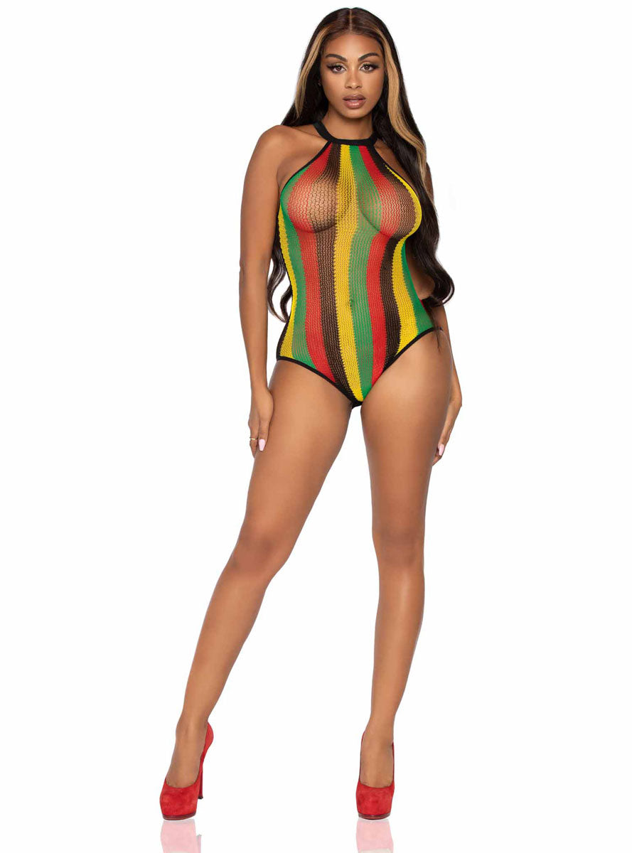 Striped Rasta Net Racer Neck Bodysuit