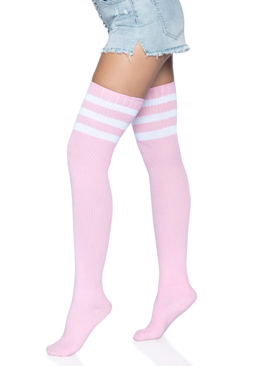 Womens Light Pink Striped Top Athletic Ribbed Thigh Highs Side Image