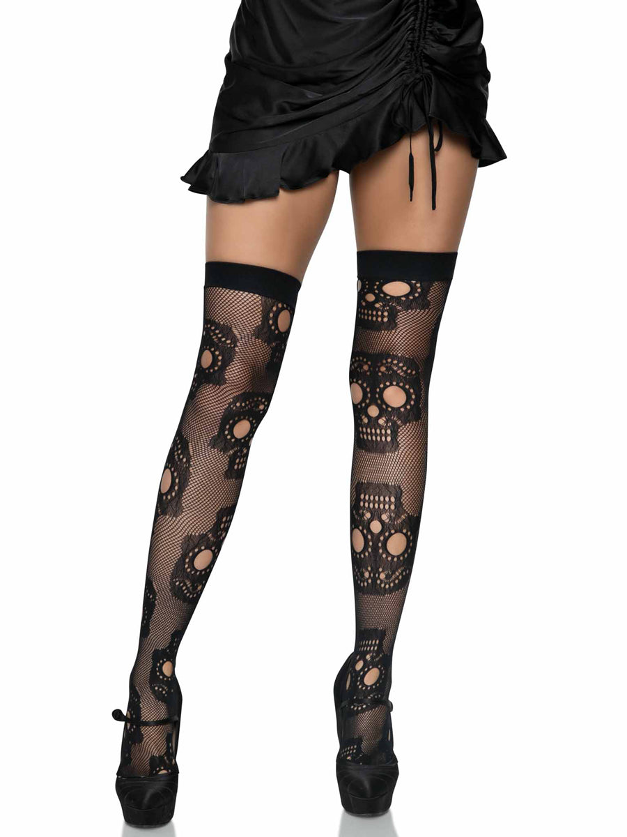 Womens Black Sugar Skull Net Thigh High Halloween Stockings Main Image