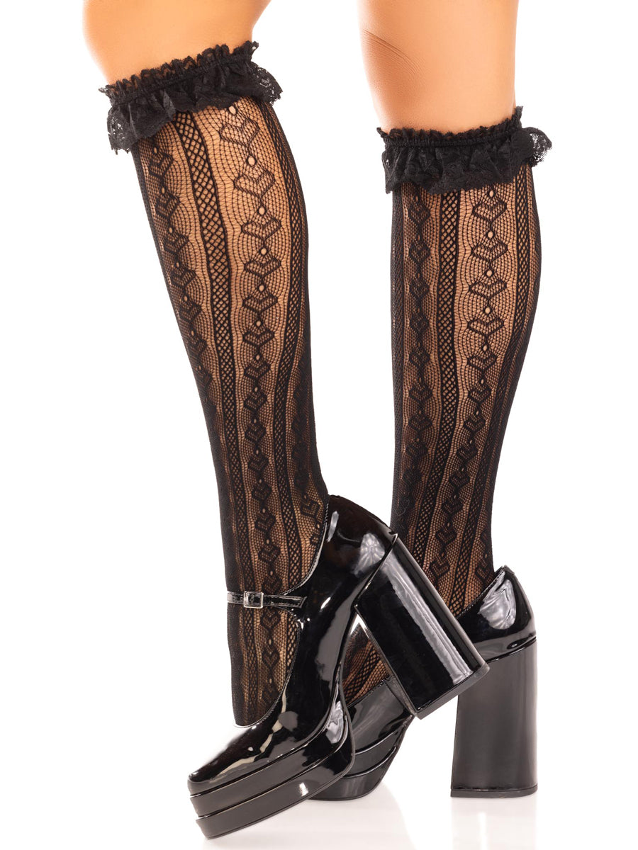 Womens Black Sweetheart Knit Knee Highs With Lace Ruffle Side Image