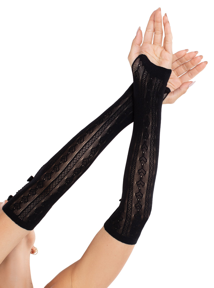 Sweetheart Striped Black Net Arm Warmers with Bows