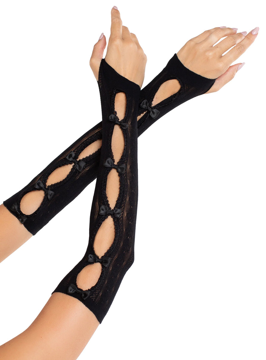 Sweetheart Striped Black Net Arm Warmers with Bows