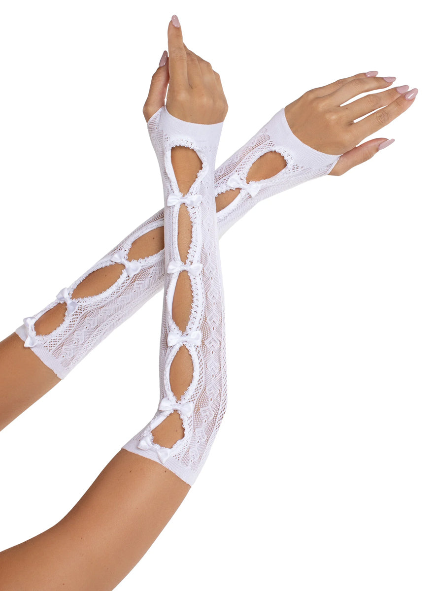 Sweetheart Striped White Net Arm Warmers with Bows