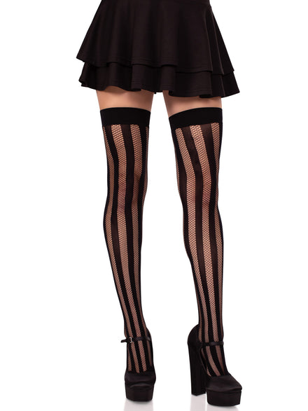 Womens Vertical Net And Opaque Striped Thigh High Stockings Alternative Image