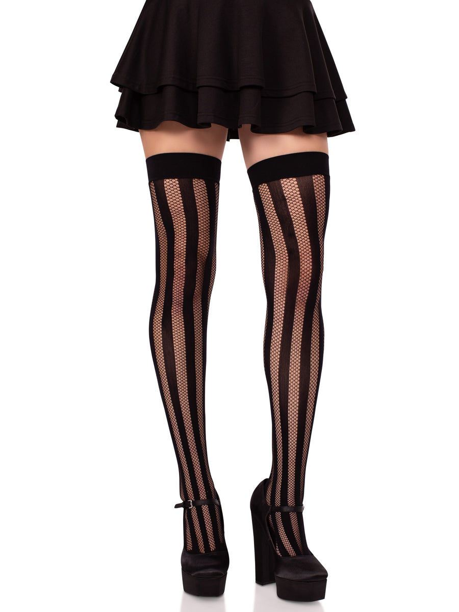 Womens Vertical Net And Opaque Striped Thigh High Stockings Main Image