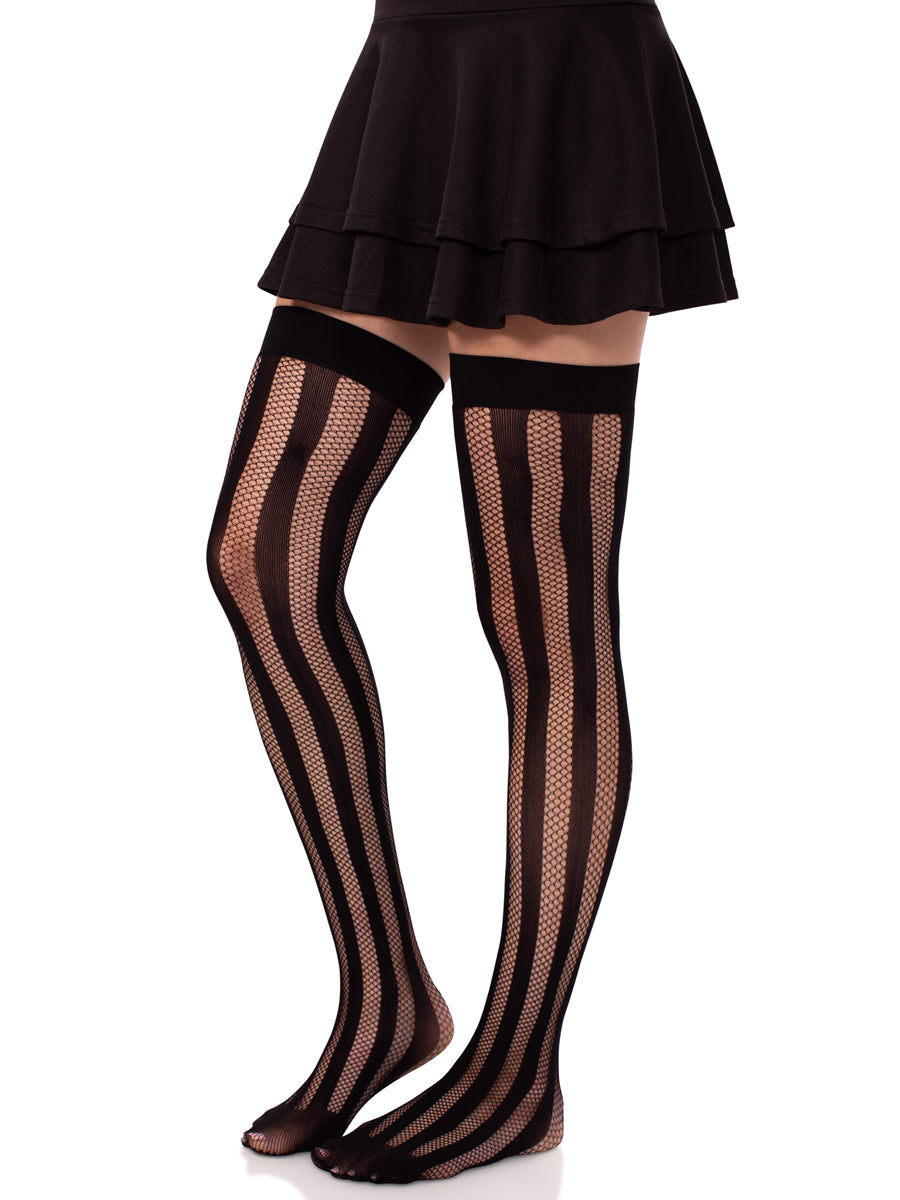 Womens Vertical Net And Opaque Striped Thigh High Stockings Side Image