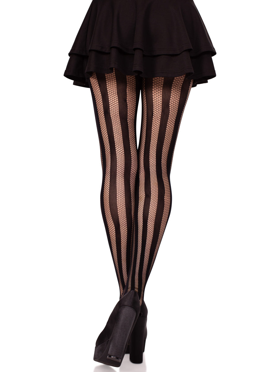 Womens Vertical Striped Opaque And Net Stockings Back Image