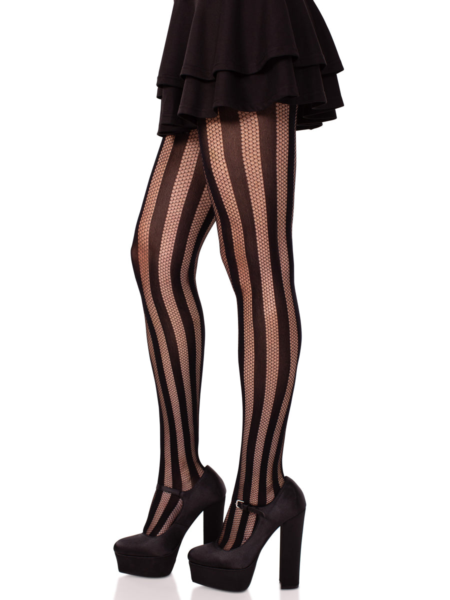 Womens Vertical Striped Opaque And Net Stockings Side Image