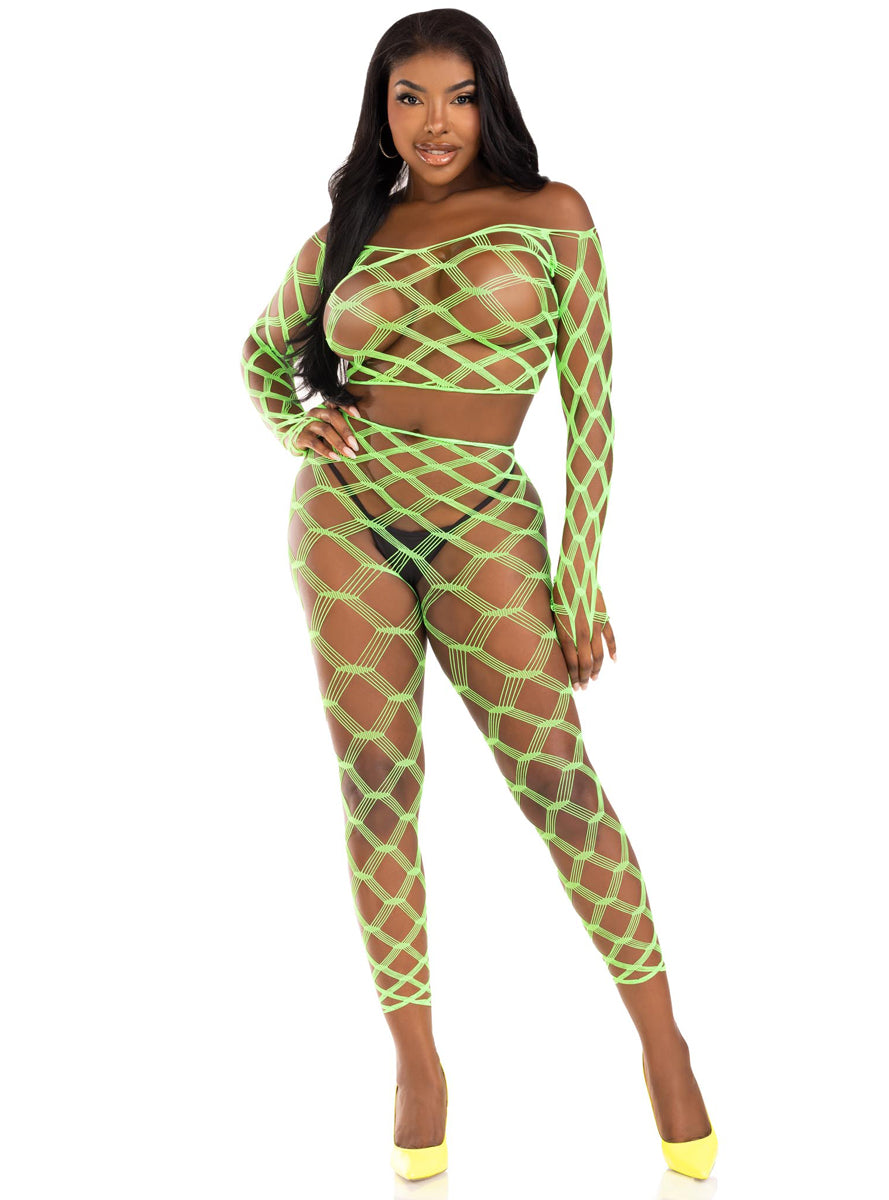 Wide Geometric Net Neon Green Crop and Leggings Set