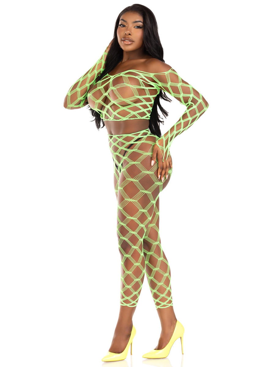 Wide Geometric Net Neon Green Crop and Leggings Set
