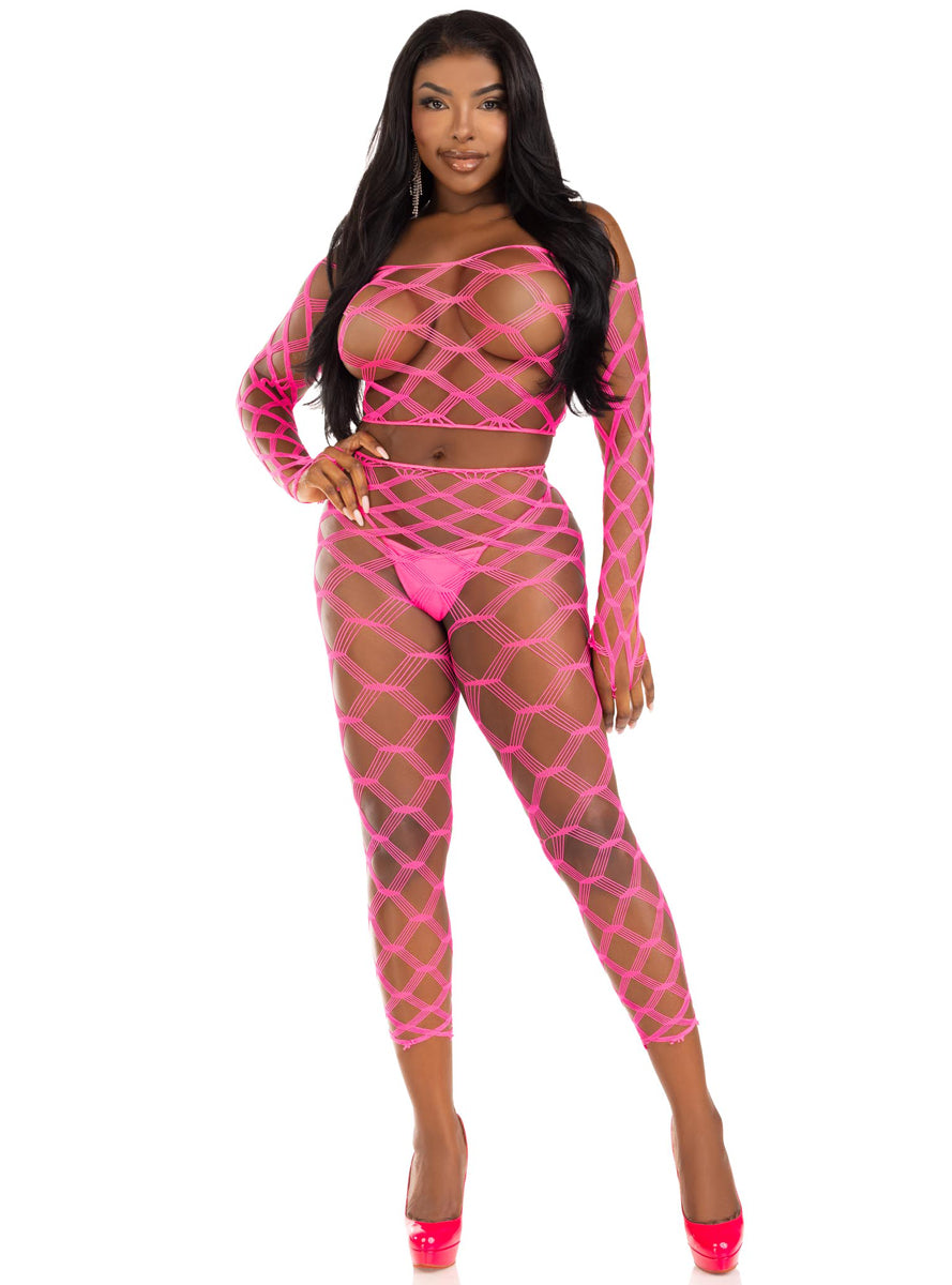 Wide Geometric Net Neon Pink Crop and Leggings Set