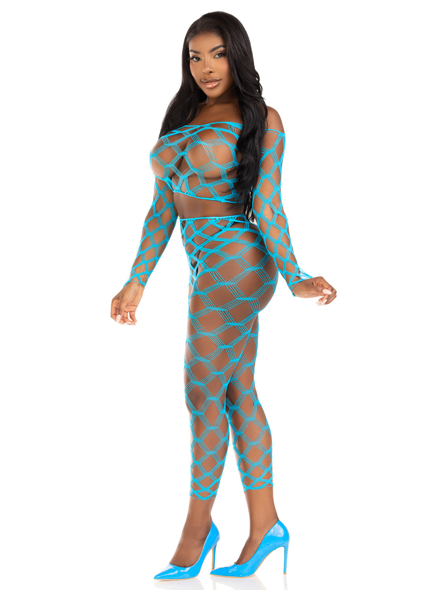 Wide Geometric Net Turquoise Crop and Leggings Set