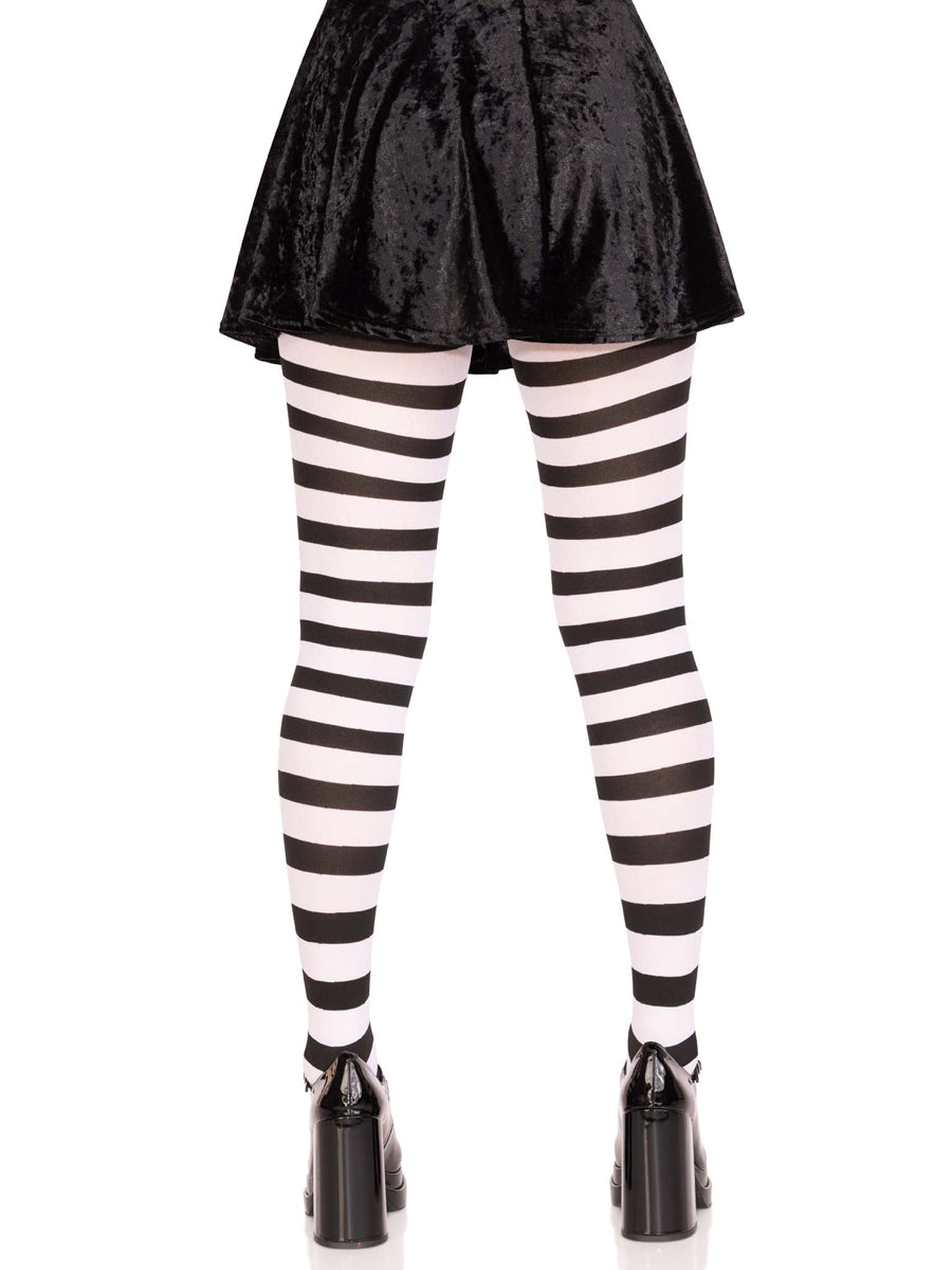 Womens Black And White Wide Striped Tights Back Image