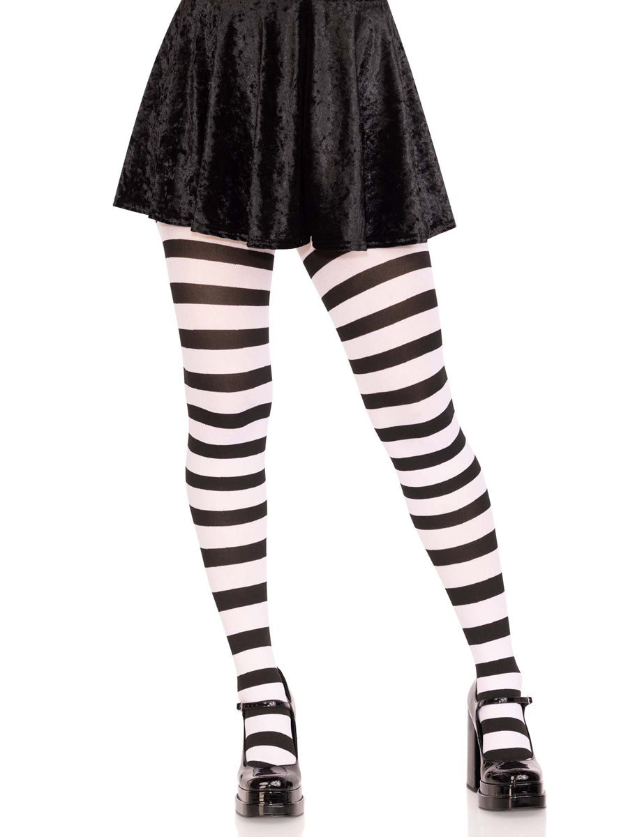 Womens Black And White Wide Striped Tights Main Image