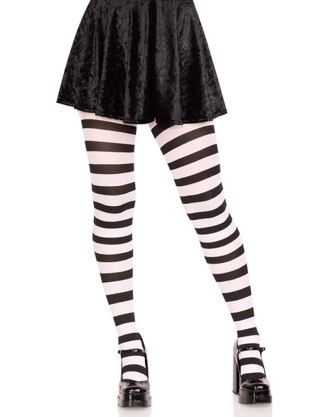 Womens Black And White Wide Striped Tights Main Image