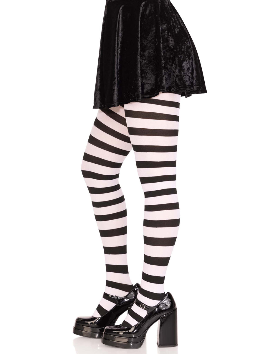 Womens Black And White Wide Striped Tights Side Image