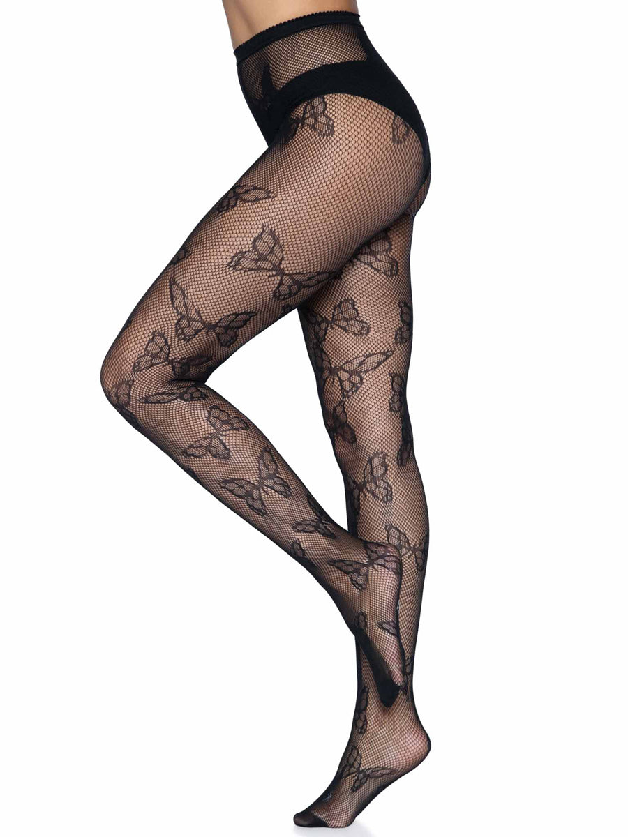 Womens Black Butterfly Net Full Length Costume Stockings Side Image