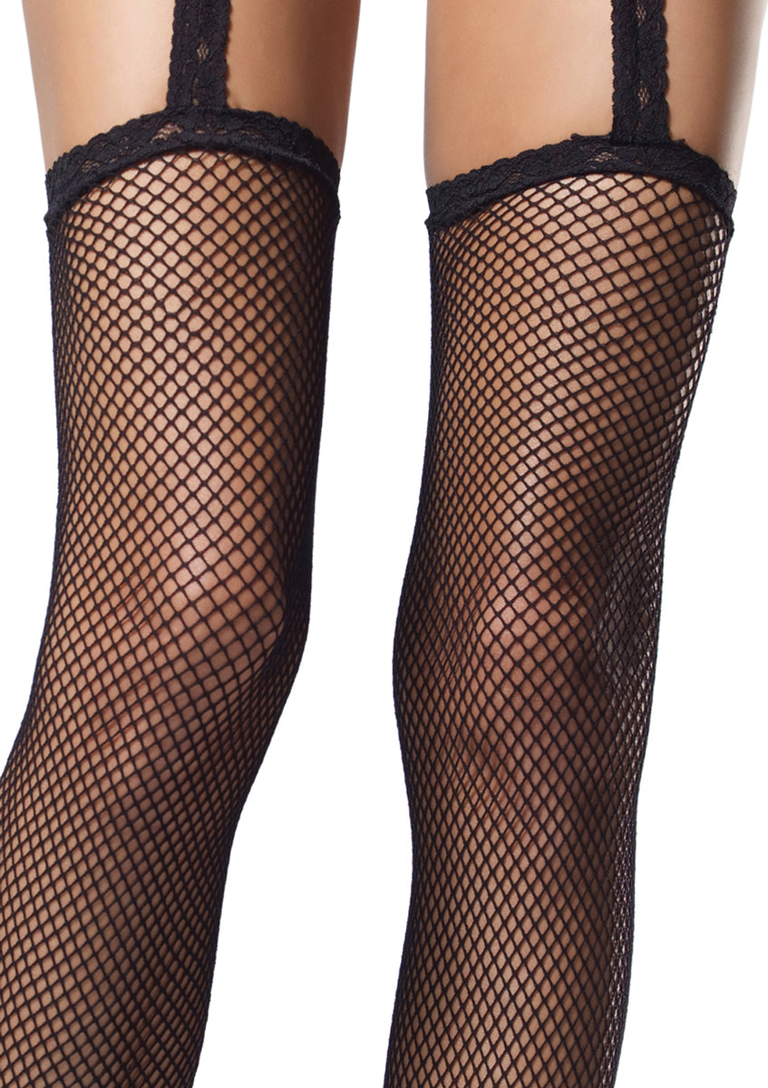 Womens Black Fishnet Stockings With Lace Garter Belt Close Image