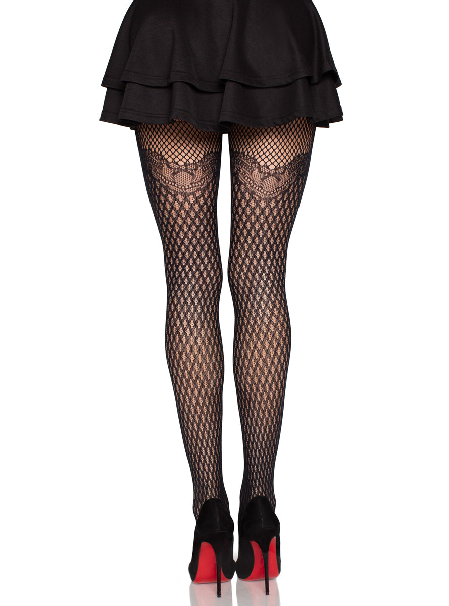 Womens Black Gilded Grid Net Stockings With Bow Lace Tops Back Image