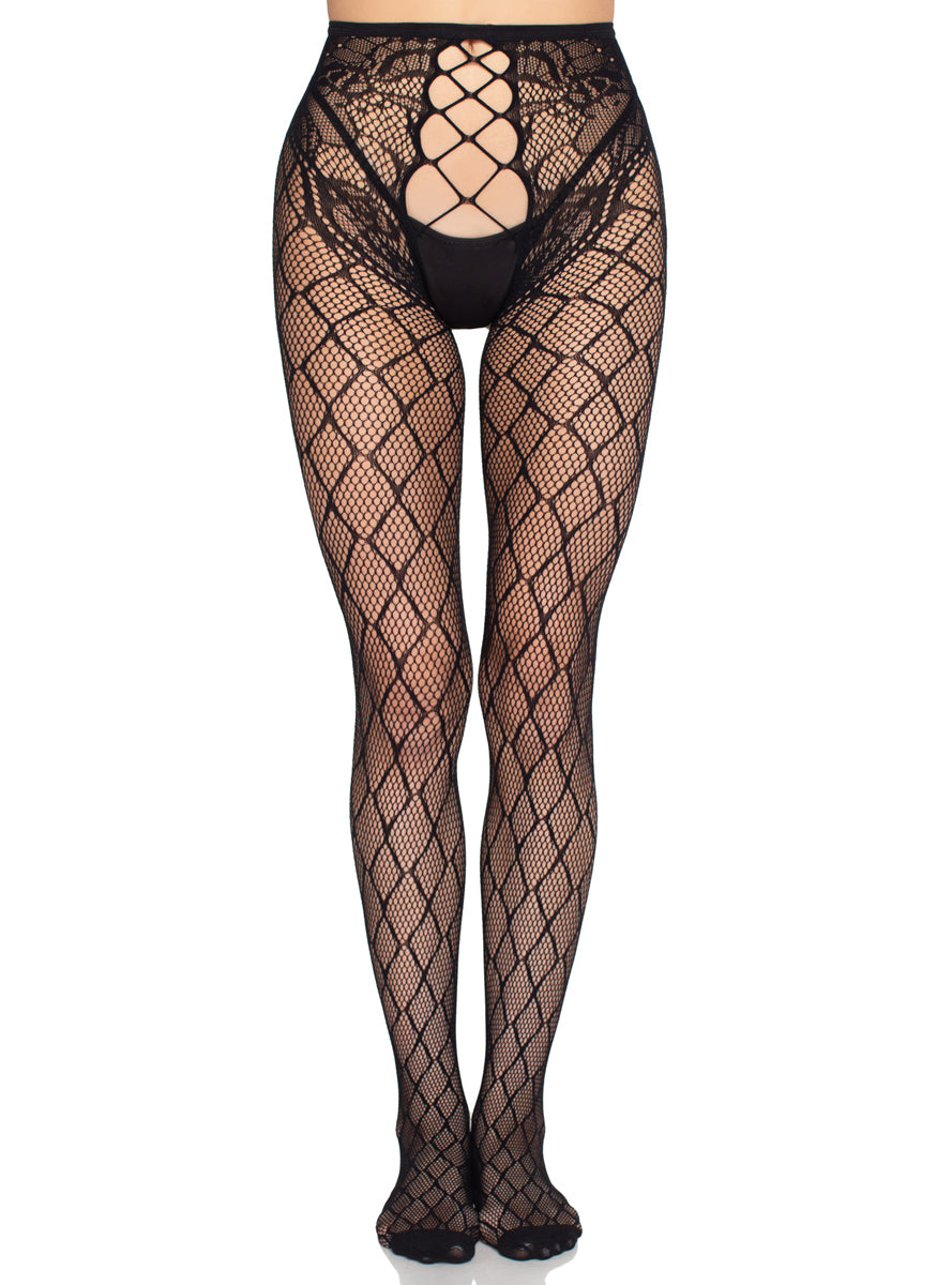 Womens Black Layer Net Tights With Open Front Alternative Image
