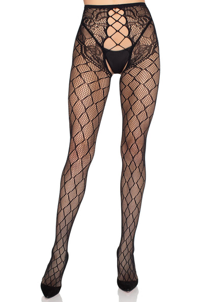 Womens Black Layer Net Tights With Open Front Main Image