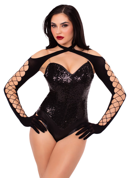 Criss Cross Black Opaque Shrug with Gloves