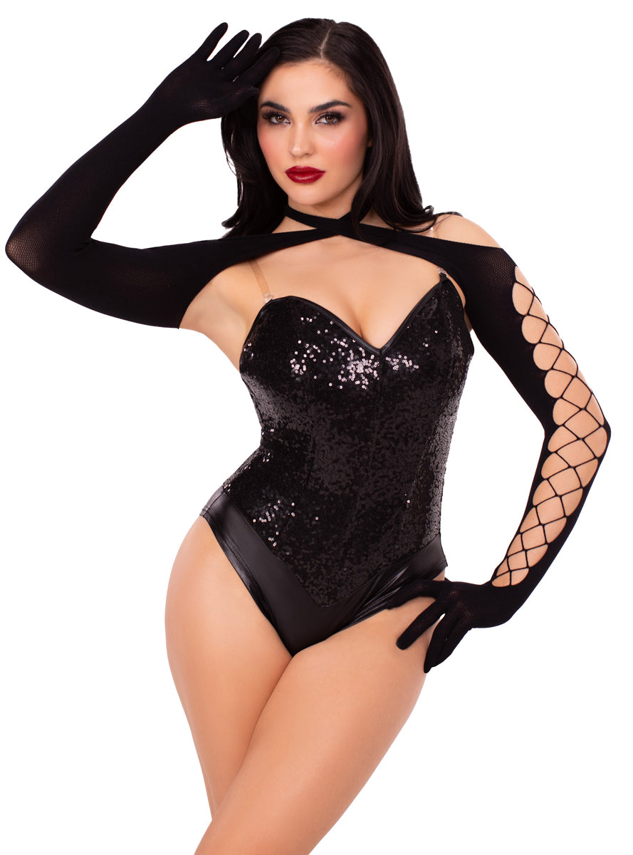 Criss Cross Black Opaque Shrug with Gloves
