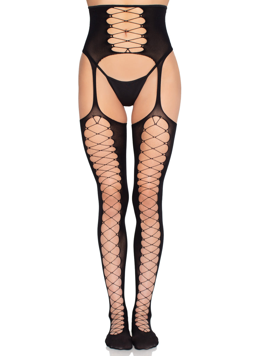 Womens Black Opaque Faux Lace Up Stockings With Attached Waist Cincher Alternative Image