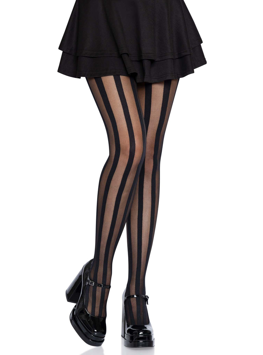 Womens Black Sheer Stockings With Opaque Vertical Stripes Alternative Image