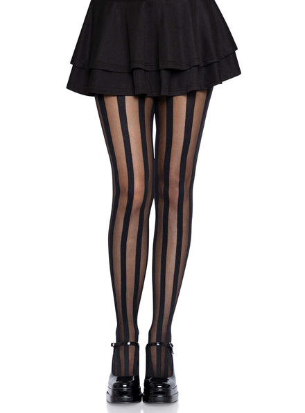 Womens Black Sheer Stockings With Opaque Vertical Stripes Main Image