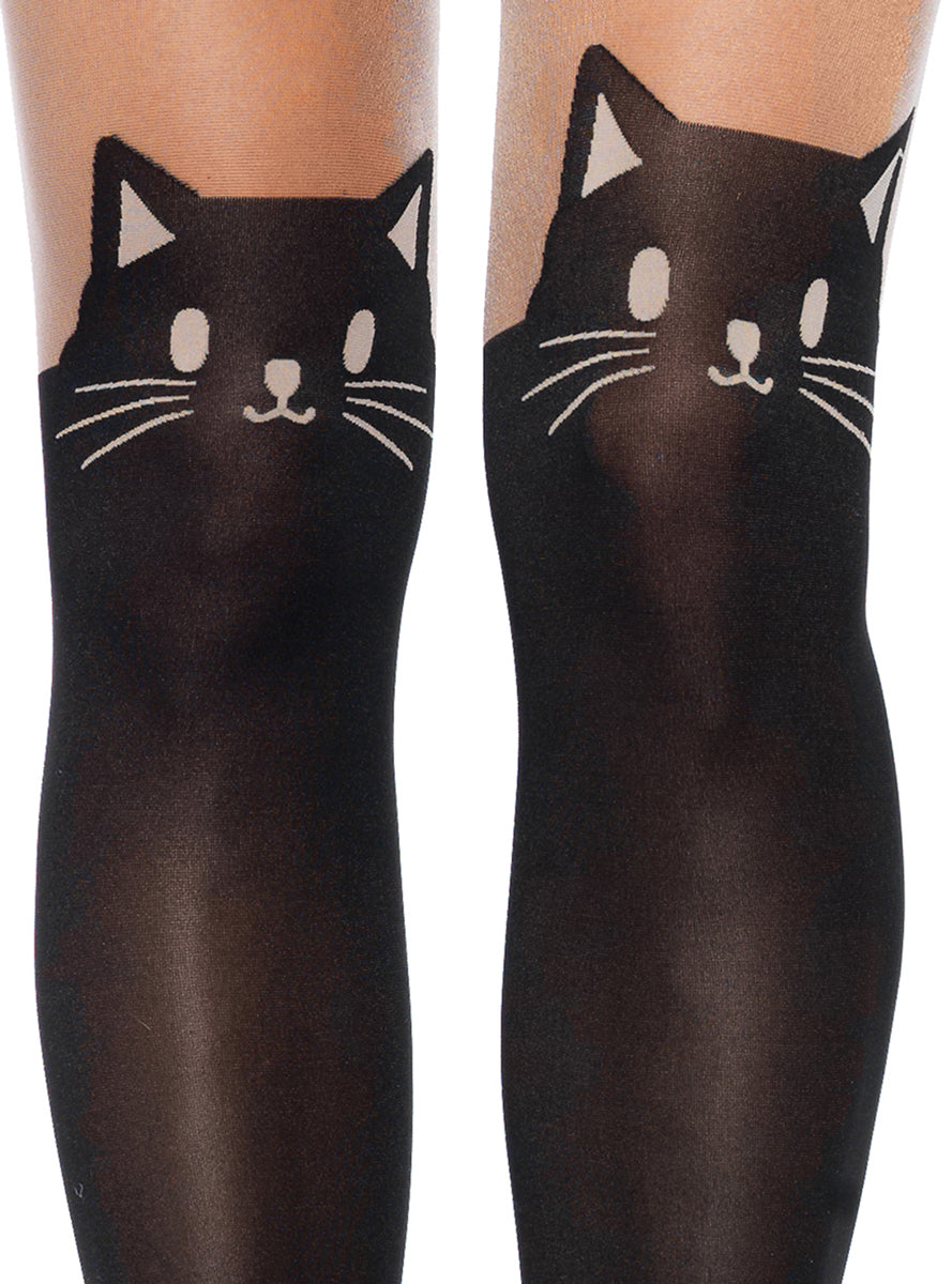 Womens Black Spandex Opaque Cat Face Tights With Sheer Tops Close Image