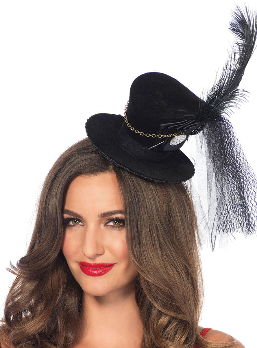 Womens Black Velvet Steampunk Mini Top Hat With Feather