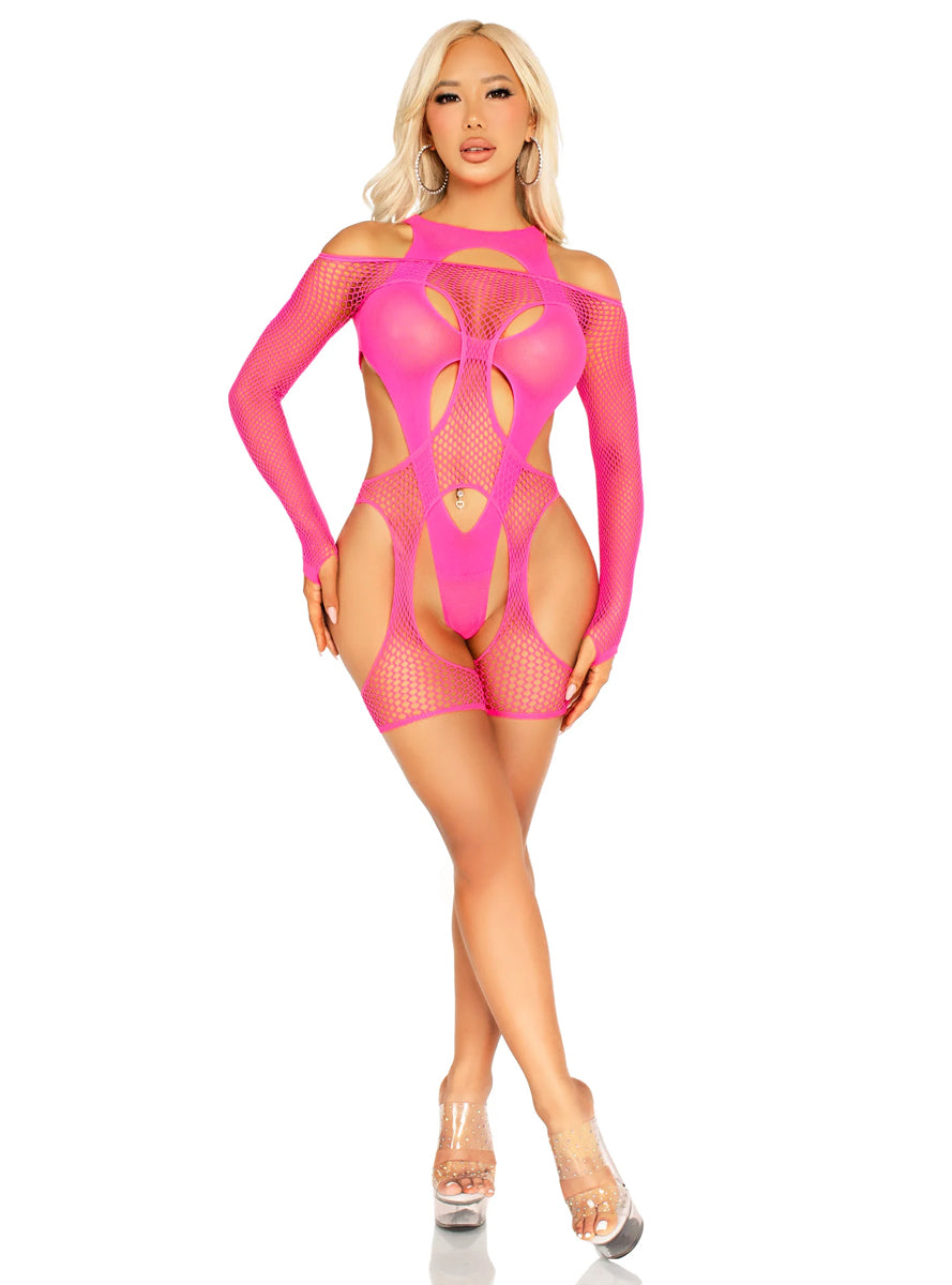 Layered Neon Pink Fishnet and Opaque Festival Bodysuit