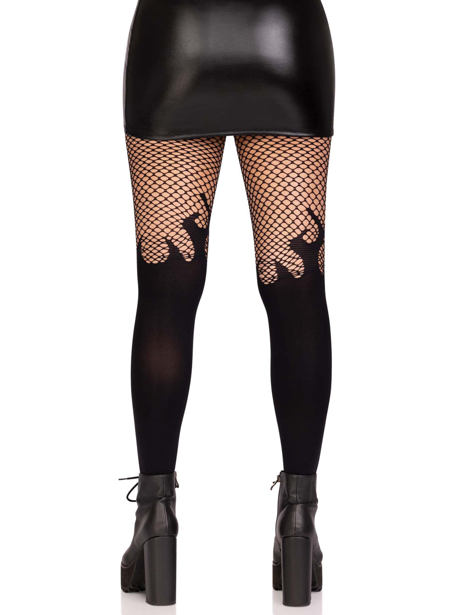 Womens Opaque Black Flame Stocking With Fishnet Top Back Image