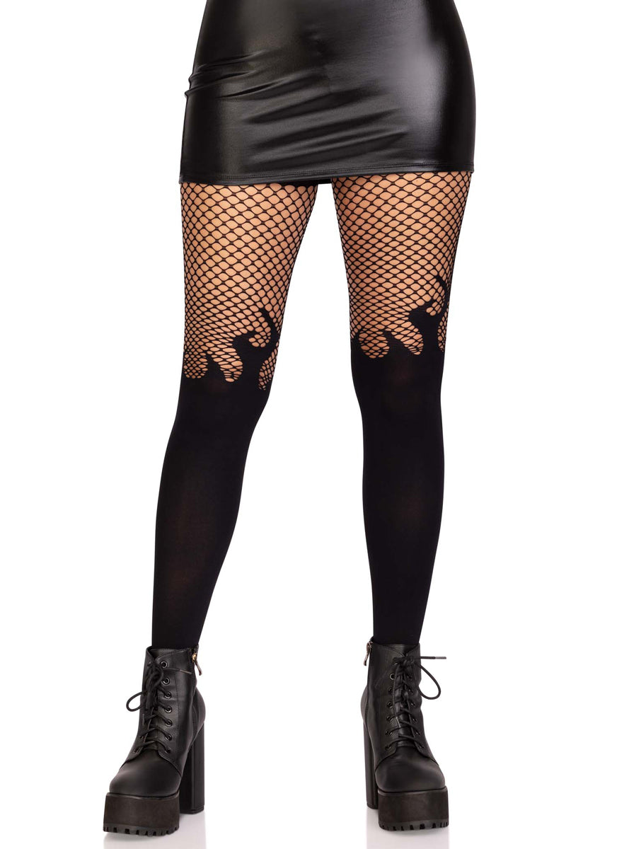 Womens Opaque Black Flame Stocking With Fishnet Top Main Image