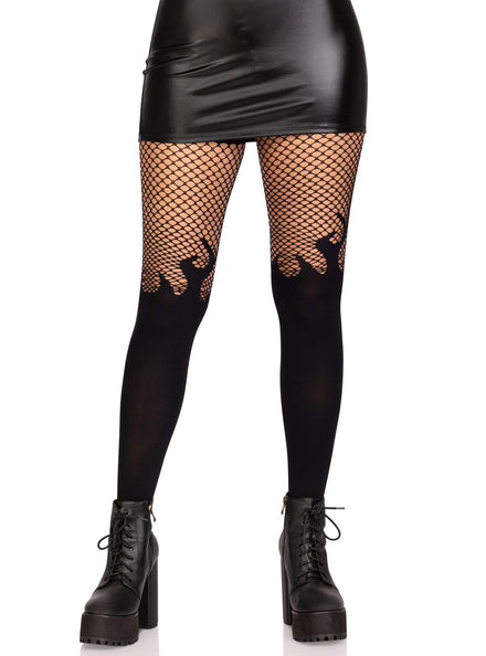 Womens Opaque Black Flame Stocking With Fishnet Top Main Image
