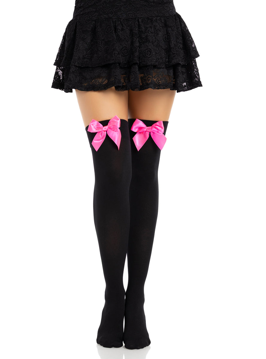 Womens Opaque Black Thigh High Stockings With Neon Pink Satin Bows Alternative Image