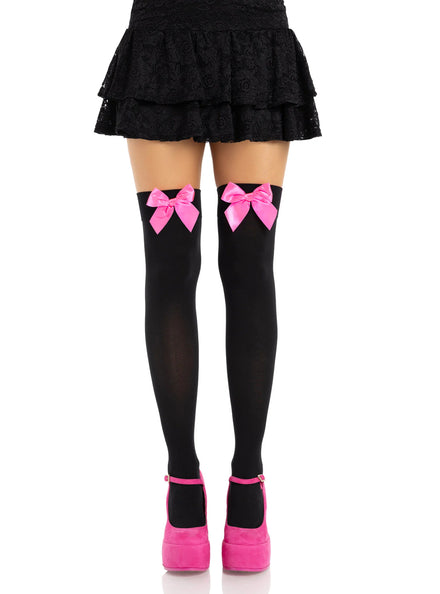 Womens Opaque Black Thigh High Stockings With Neon Pink Satin Bows Main Image