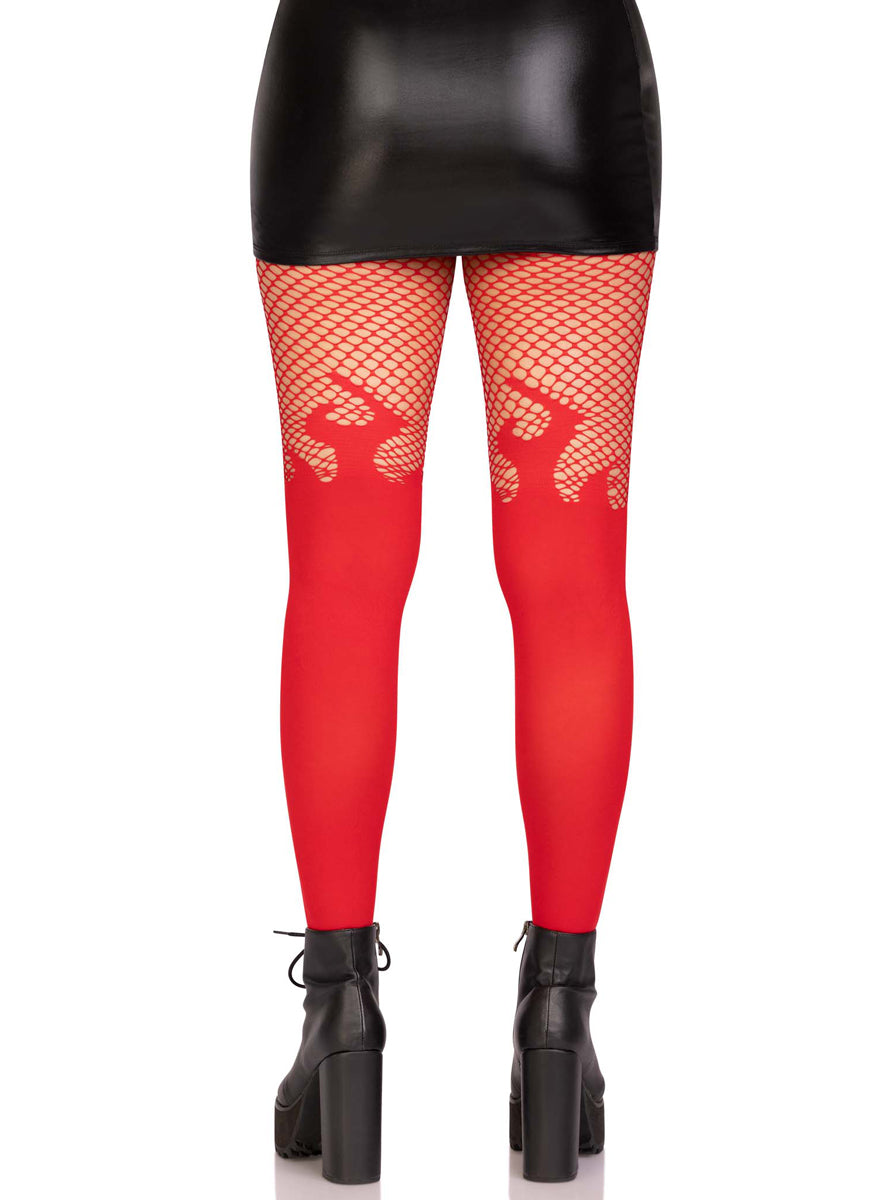 Womens Opaque Red Flame Stocking With Fishnet Top Back Image