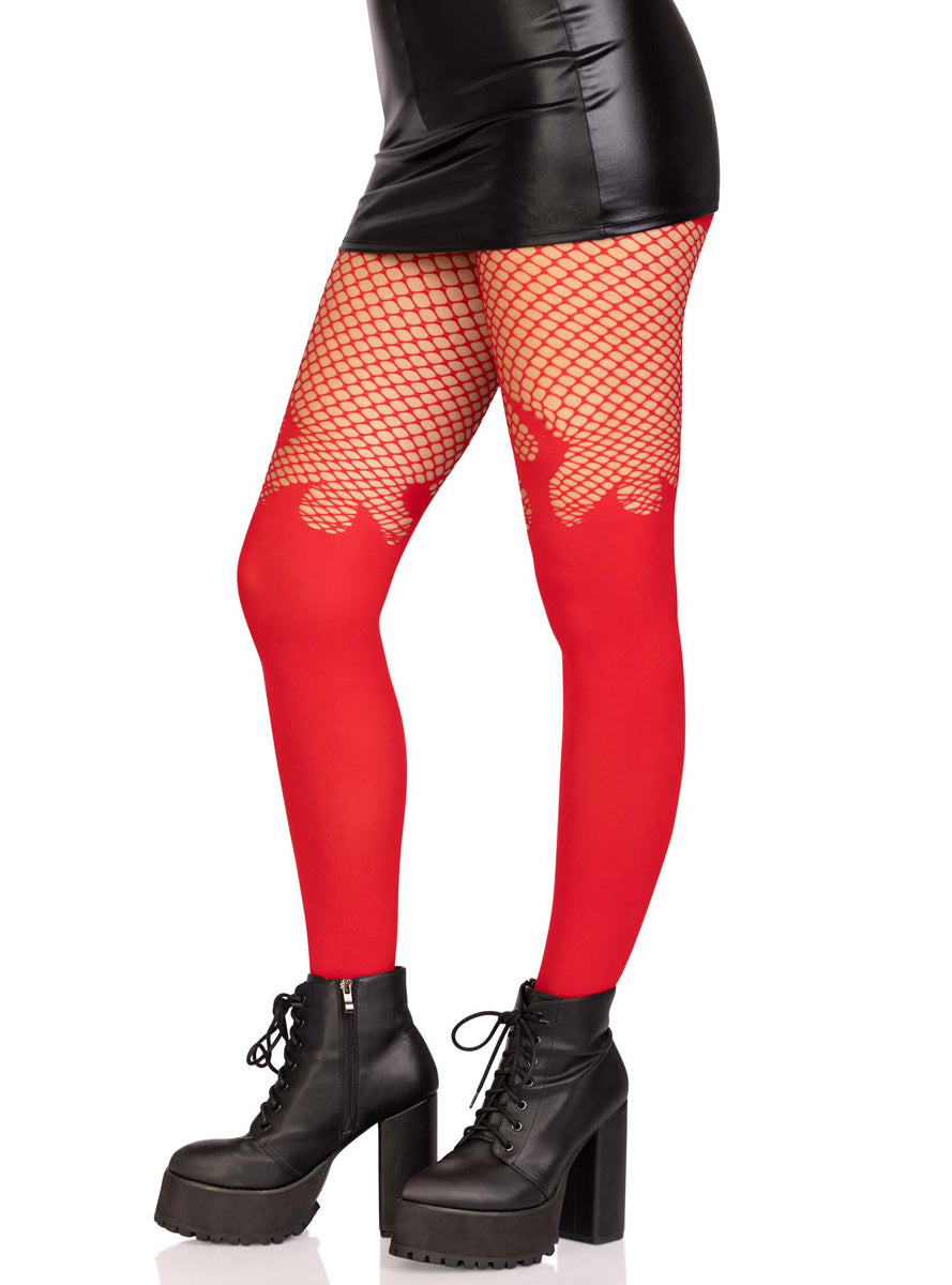 Womens Opaque Red Flame Stocking With Fishnet Top Side Image