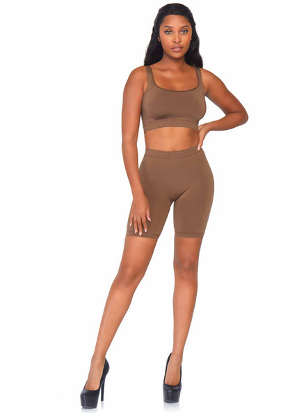 Tan Skin Tone Opaque Spandex Crop and Bike Shorts Set